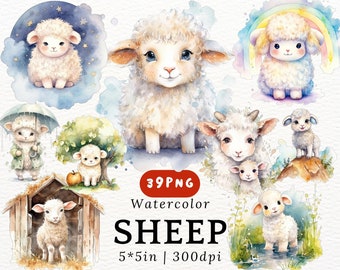 Clipart acquerello di pecora paffuta - Pecora kawaii carina, agnello in formato PNG con sfondo trasparente, animali carini, decorazioni per la cameretta dei bambini