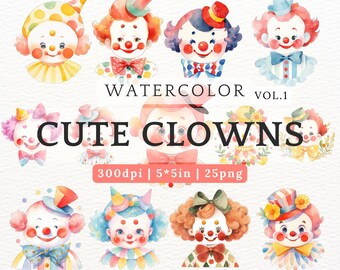 Pastel Baby Clown PNG Clipart Watercolor Circus Carnival Stickers for Kids Birthday Party Favors and Scrapbooking Download