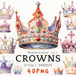 Crown Clipart, Fantasy Crown Watercolor Clipart,Cartoon Pastel Pink Majestic Crown, Royal Clipart, Queen Clipart, Regal Golden Crown Images