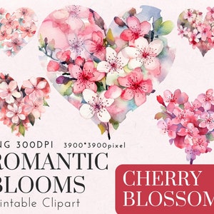 Herzförmige Kirschblüte PNG Clipart - Aquarell Blumen Sakura Blumensträuße für Frühlingshochzeiten, Sublimation, Karten 300DPI druckbare Kunst
