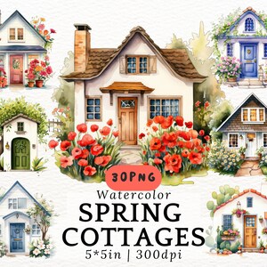 Imágenes prediseñadas de cabañas de primavera en acuarela, casas vintage con flores PNG, ilustraciones de casas de campo acogedoras, imágenes prediseñadas de cabañas de jardín para álbumes de recortes, pegatinas
