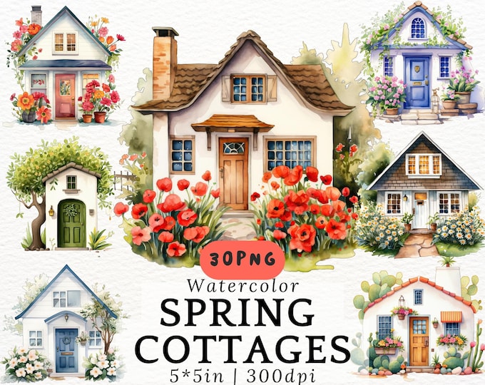 24 Watercolor Tiny Houses Clipart, High Quality Jpgs, Cozy House ...