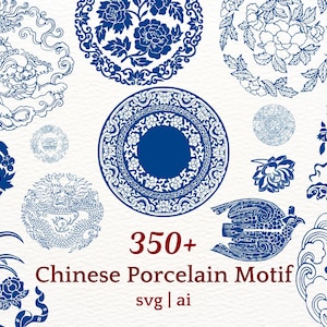 Chiński motyw porcelany SVG + AI Bundle - 350+ tradycyjnych niebieskich i białych kwiatów i ozdobnych wzorów wektorowych, chińska ceramika, wzór dekoracyjny