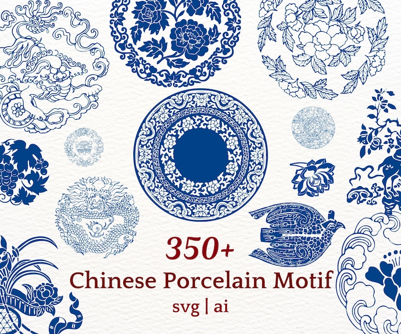 Chinees porseleinmotief SVG+AI-bundel - 350+ traditioneel blauw en wit bloemen en ornamenten vectorontwerp, Chinees keramiek, decoratief patroon afbeelding 1
