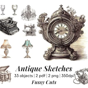 Vintage Objects Pencil Sketch Collection - Set of 33, Fussy Cut,  Sticker, Journal, Scrapbooking Ephemera, Antique Style, Digital Download