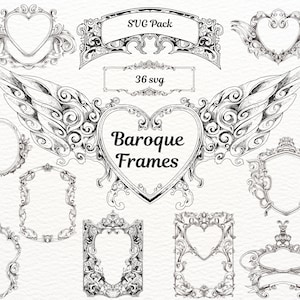 May include: A set of 36 black and white SVG files featuring ornate baroque frames in various shapes, including hearts, ovals, and shields. The text "Baroque Frames" is featured in the center of the image.