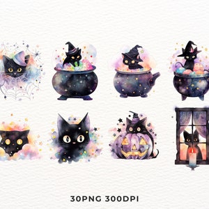 May include: A set of ten digital illustrations featuring black cats in various Halloween-themed scenes. The illustrations are painted in a watercolor style with a whimsical and magical feel. The cats are depicted wearing witch hats, holding cauldrons, and surrounded by stars, moons, and other magical elements.