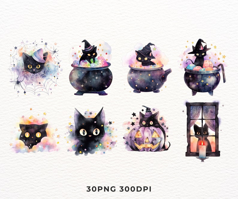 May include: A set of ten digital illustrations featuring black cats in various Halloween-themed scenes. The illustrations are painted in a watercolor style with a whimsical and magical feel. The cats are depicted wearing witch hats, holding cauldrons, and surrounded by stars, moons, and other magical elements.