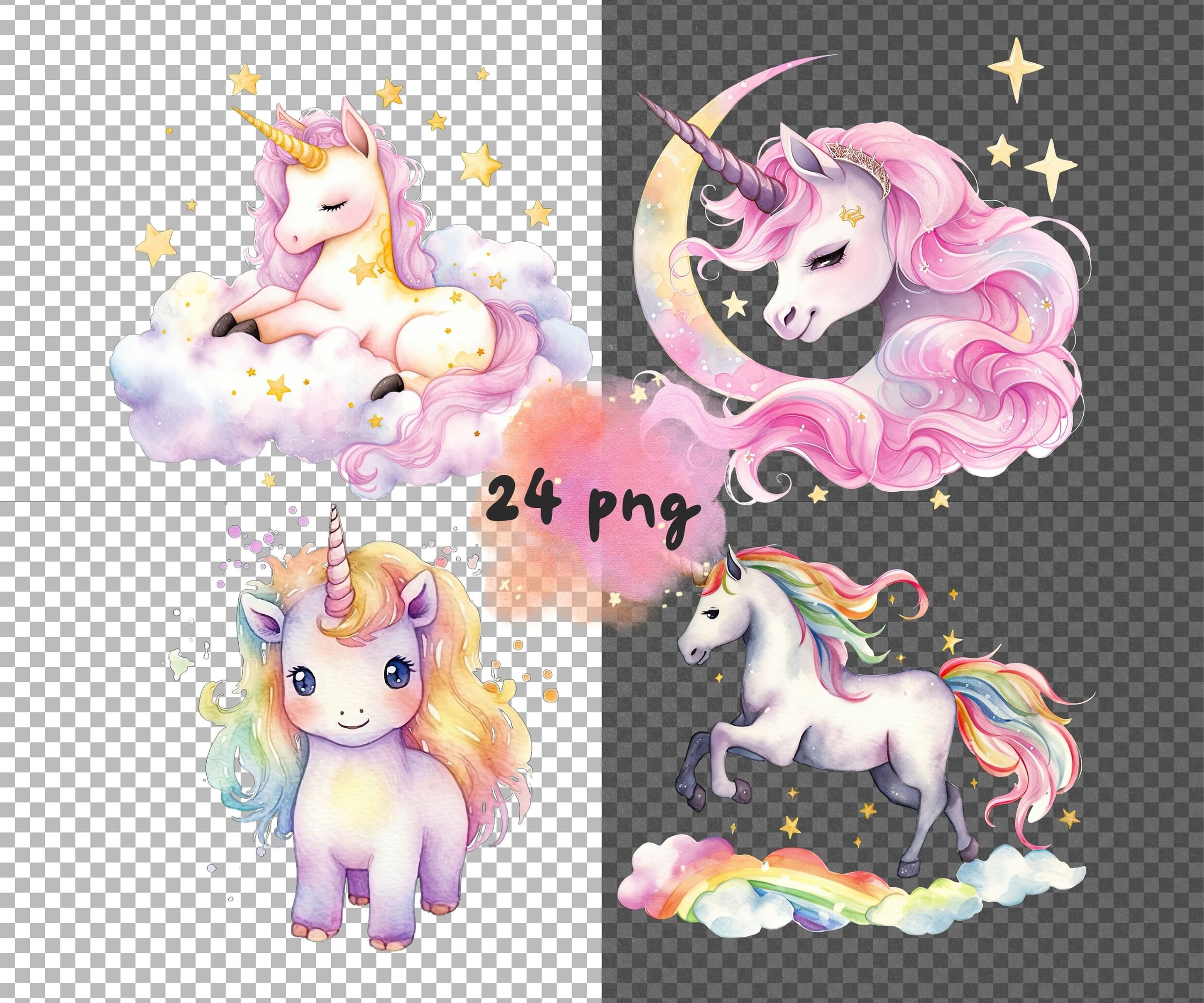 Cartoon Unicorns Watercolor Clipart Cute Kawaii Dreamy Pink Chubby ...