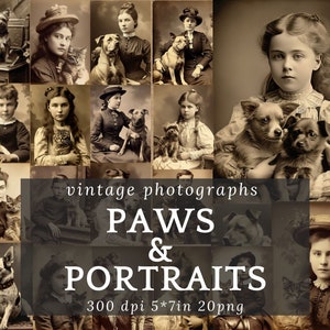 Fotos antiguas victorianas con mascotas, adornos para diarios basura, imágenes digitales imprimibles de 300 ppp, papel fotográfico antiguo efímero.