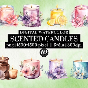 Watercolor Candle Clipart with Flowers,Scented Candle PNG Set,Floral Aromatherapy Clip Art,Transparent, Candle Illustration for Labels/Decor