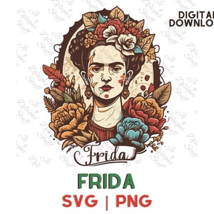 May include: A colorful digital illustration of Frida Kahlo with flowers in her hair and a floral background. The text "Frida" is written in a banner below her portrait.