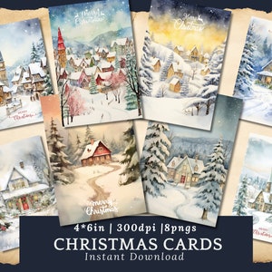 Tarjetas navideñas vintage, tarjetas navideñas con temática de calle nevada, postal navideña nevada (png), tarjeta navideña blanca, página de diario invernal