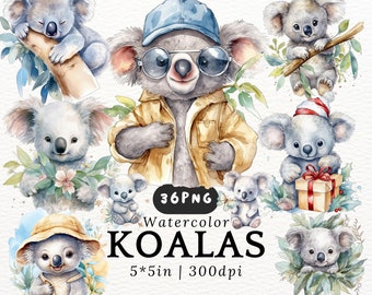 Clipart de acuarela de koalas regordetes: adorables koalas de dibujos animados kawaii, koalas bebés PNG con fondo transparente, animales adorables, decoración infantil