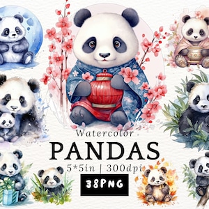 Pandas regordetes en acuarela - Lindos pandas kawaii, pandas bebés PNG con fondo transparente, animales lindos, decoración infantil