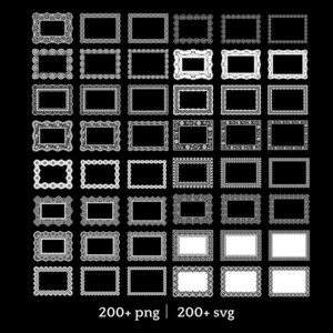 May include: A collection of white, ornate picture frames with various decorative edges, set against a black background. The image includes the text "200+ png | 200+ svg". The frames are empty, ready for photos or artwork.