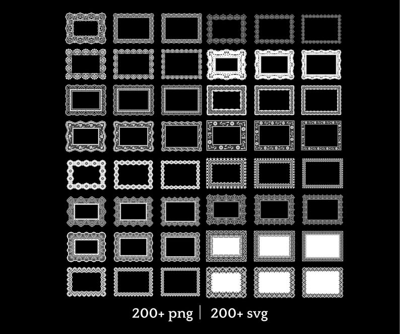 May include: A collection of white, ornate picture frames with various decorative edges, set against a black background. The image includes the text "200+ png | 200+ svg". The frames are empty, ready for photos or artwork.