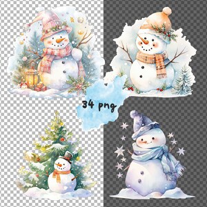 May include: Three watercolour illustrations of snowmen with wintery backgrounds. The first snowman is wearing a pink hat and scarf, the second is wearing a brown hat and scarf, and the third is wearing a blue hat and scarf.