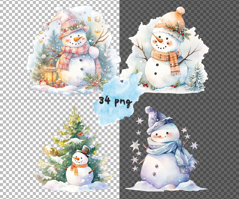 May include: Three watercolour illustrations of snowmen with wintery backgrounds. The first snowman is wearing a pink hat and scarf, the second is wearing a brown hat and scarf, and the third is wearing a blue hat and scarf.