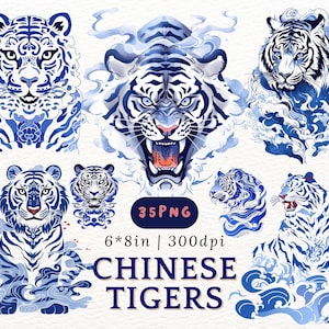 Puede incluir: Ilustraciones de acuarela de tigres chinos en tonos azules y blancos. Las imágenes incluyen varias poses y expresiones de tigres, con motivos decorativos de nubes y olas. El texto "CHINESE TIGERS" se muestra debajo de las imágenes.