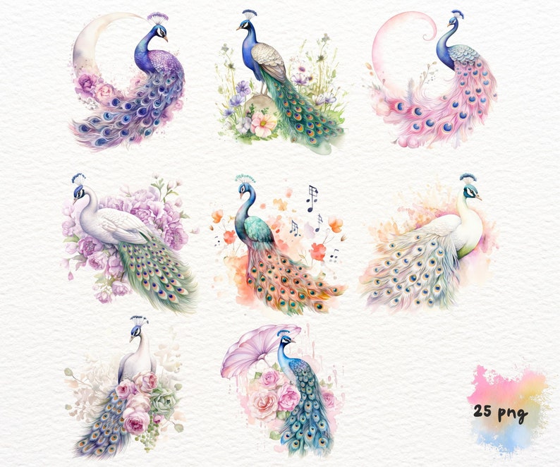 May include: A set of nine watercolor illustrations featuring peacocks with colorful plumage and floral accents. The peacocks are depicted in various poses, including standing, sitting, and spreading their tails. The illustrations are set against a white background.