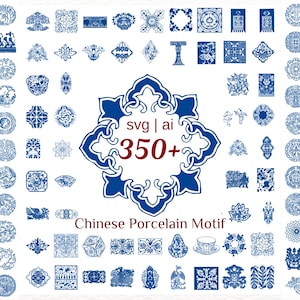 Op de afbeelding: Een verzameling van meer dan 350+ blauwe en witte Chinese porseleinen motieven in SVG- en AI-formaat. De ontwerpen bevatten ingewikkelde bloemmotieven, geometrische vormen en traditionele Chinese symbolen.