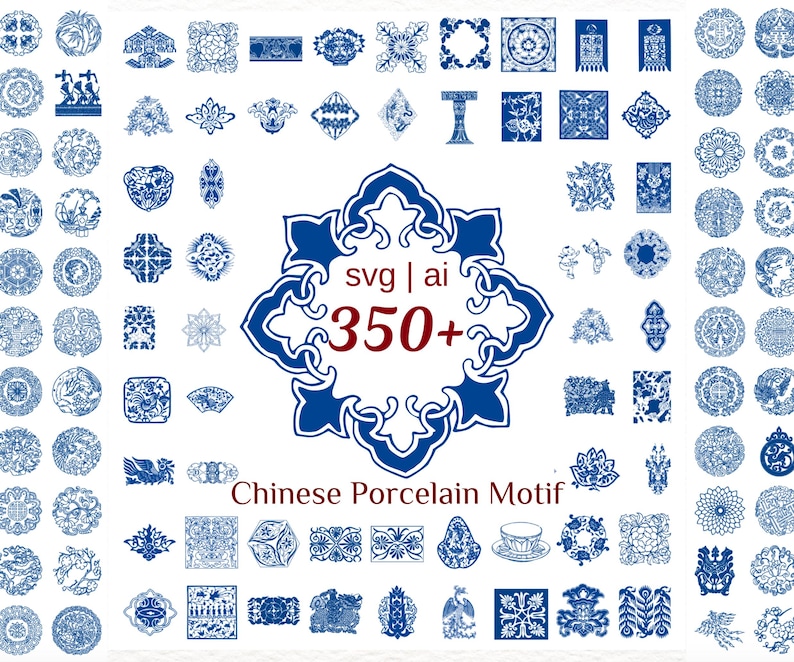 Op de afbeelding: Een verzameling van meer dan 350+ blauwe en witte Chinese porseleinen motieven in SVG- en AI-formaat. De ontwerpen bevatten ingewikkelde bloemmotieven, geometrische vormen en traditionele Chinese symbolen.
