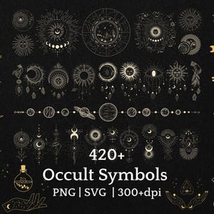 Puede incluir: Una colección de más de 420 símbolos ocultos en oro y blanco sobre un fondo negro. La imagen incluye cuerpos celestes, manos, ojos y otros diseños místicos. El texto en la imagen dice "420+ Occult Symbols PNG | SVG | 300+dpi."