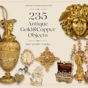 May include: A collection of antique gold and copper objects, including a decorative urn, a Medusa head, a cross-shaped ornament, a jewelry box, and a candelabra. The image includes the text "235 Antique Gold & Copper Objects" and "5 inches".