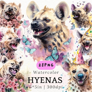 Watercolor Hyena Clipart Bundle, Wild Safari Animal PNG for Wildlife Decor, Party Printables, Baby Shower, Junk Journal, Tumbler Sublimation