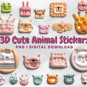 3D-Tieraufkleber für digitale Notizbücher, 52 bunte realistische niedliche mollige Cartoon-Tiere, Goodnotes-Aufkleber, transparenter Ausschnitt Clipart