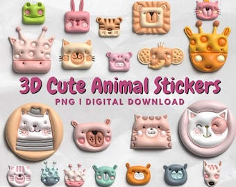 3D Animal Stickers for Digital Notebooks, 52 Colorful Realistic Cute Chubby Cartoon Animals, Goodnotes Stickers, Transparent Cutout Clipart