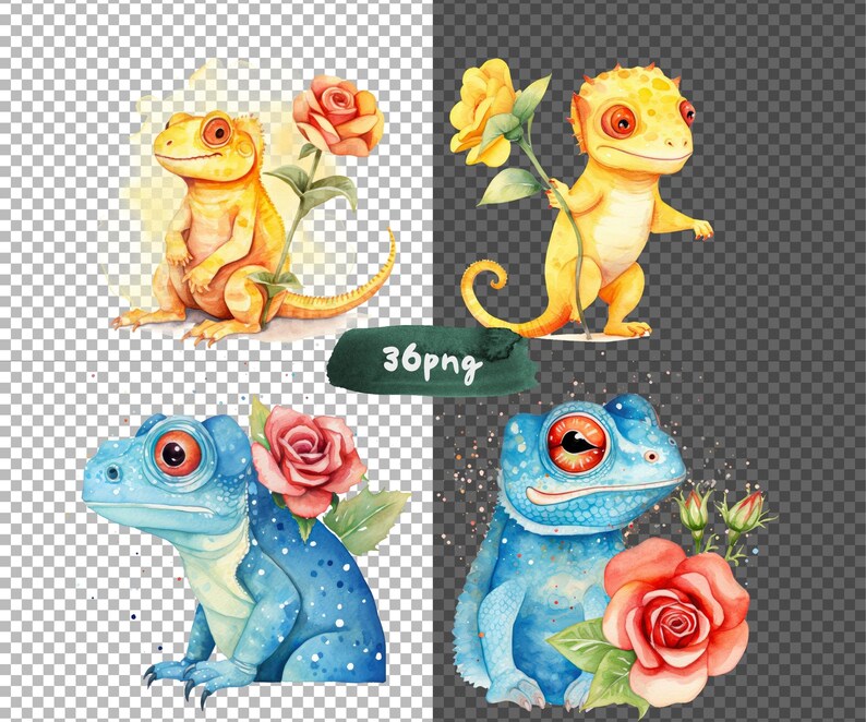 Watercolor Chameleon Clipart - Colorful Lizard Reptile PNG, Cute Floral ...