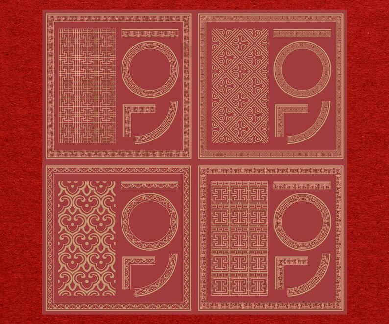Kinesisk etikettgränspaket, vintage orientaliska SVG-namnskyltramar för laserskärning, Cricut, förpackningsdesign, traditionell guldvektoruppsättning bild 5