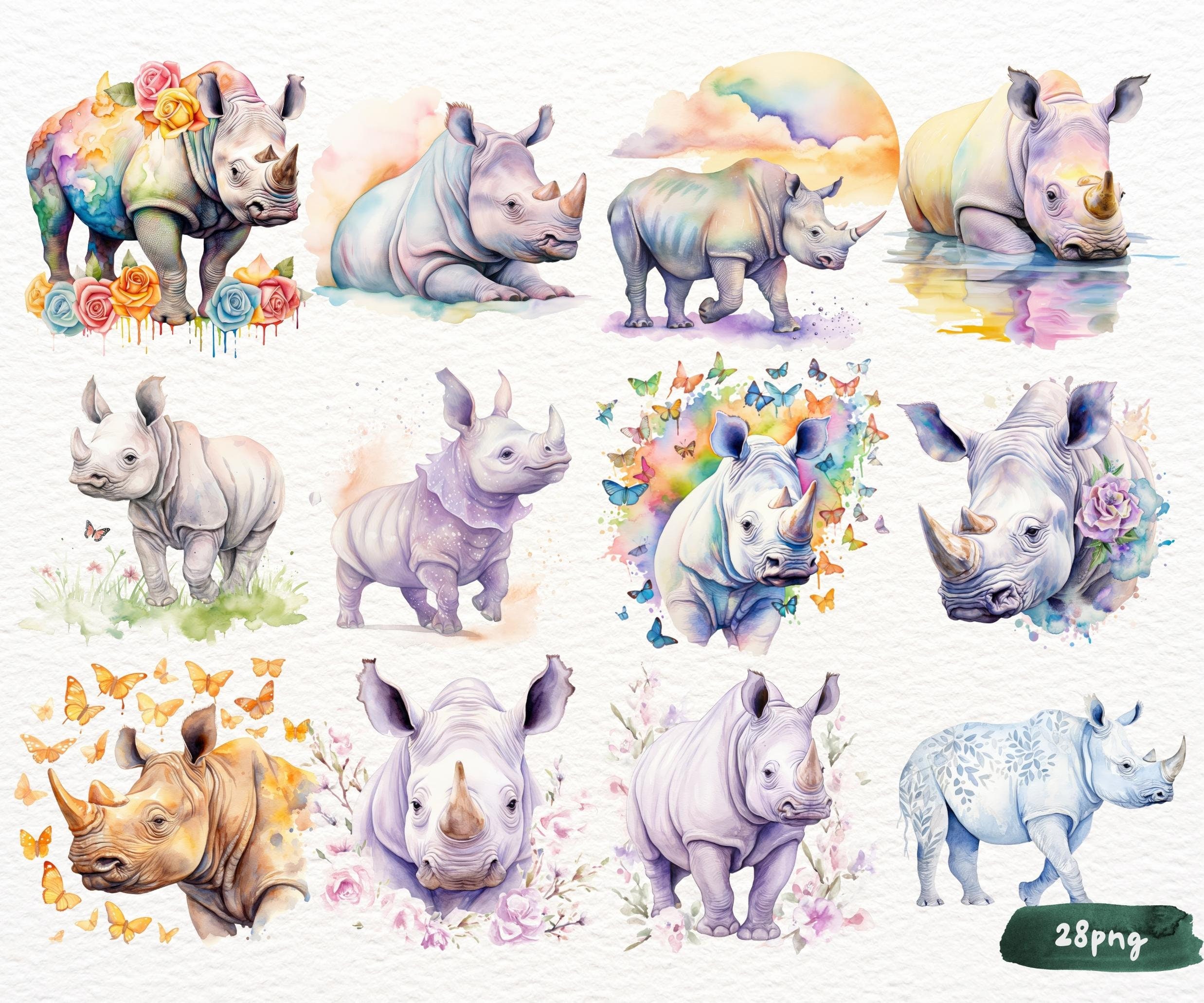 Rhinoceros Watercolor Clipart Bundle, Cute Baby Rhino PNG, Wild Safari ...