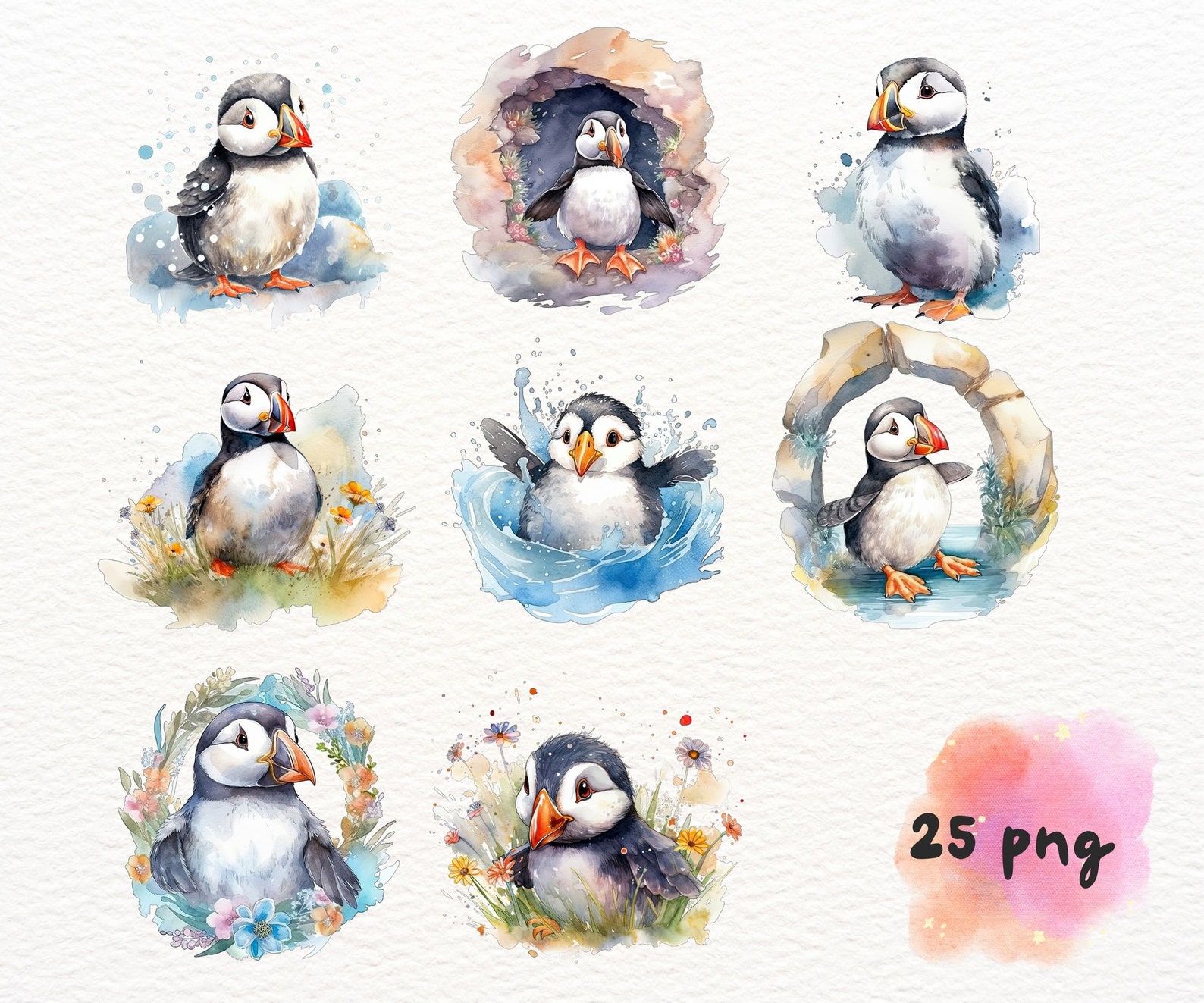Chubby Puffin Watercolor Clipart - Cute Kawaii Cartoon Puffins, Baby ...