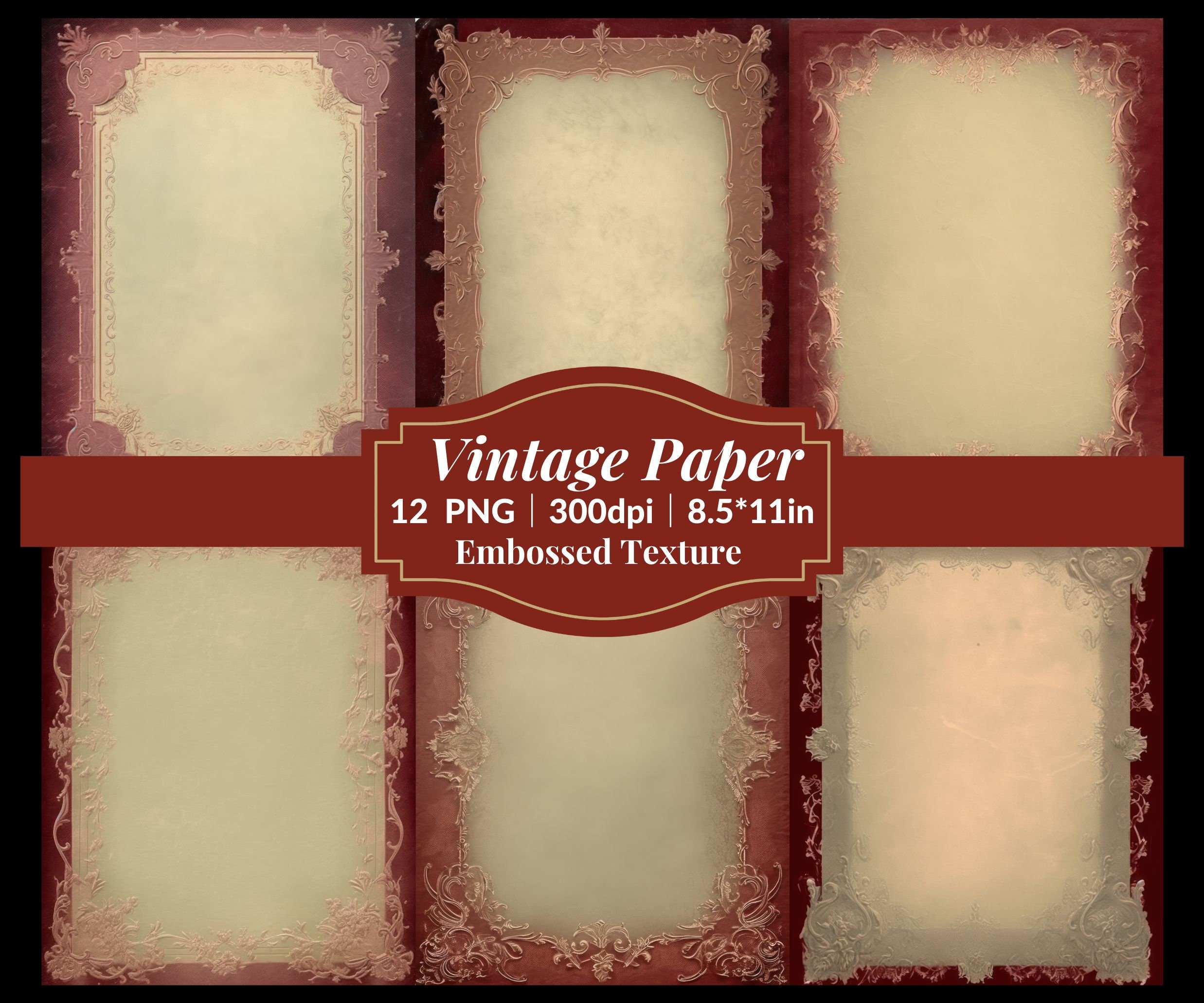 Embossed Junk Journal Paper Set of 12 Red, Paper Texture