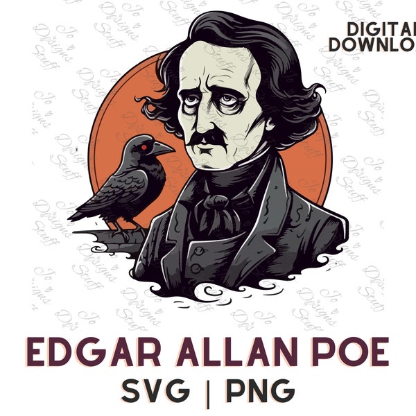 Edgar Allan Poe svg, Cartoon Edgar Allan Poe clipart vector with Raven, Raven svg, png, Illustration Cut Out file for Design Projects