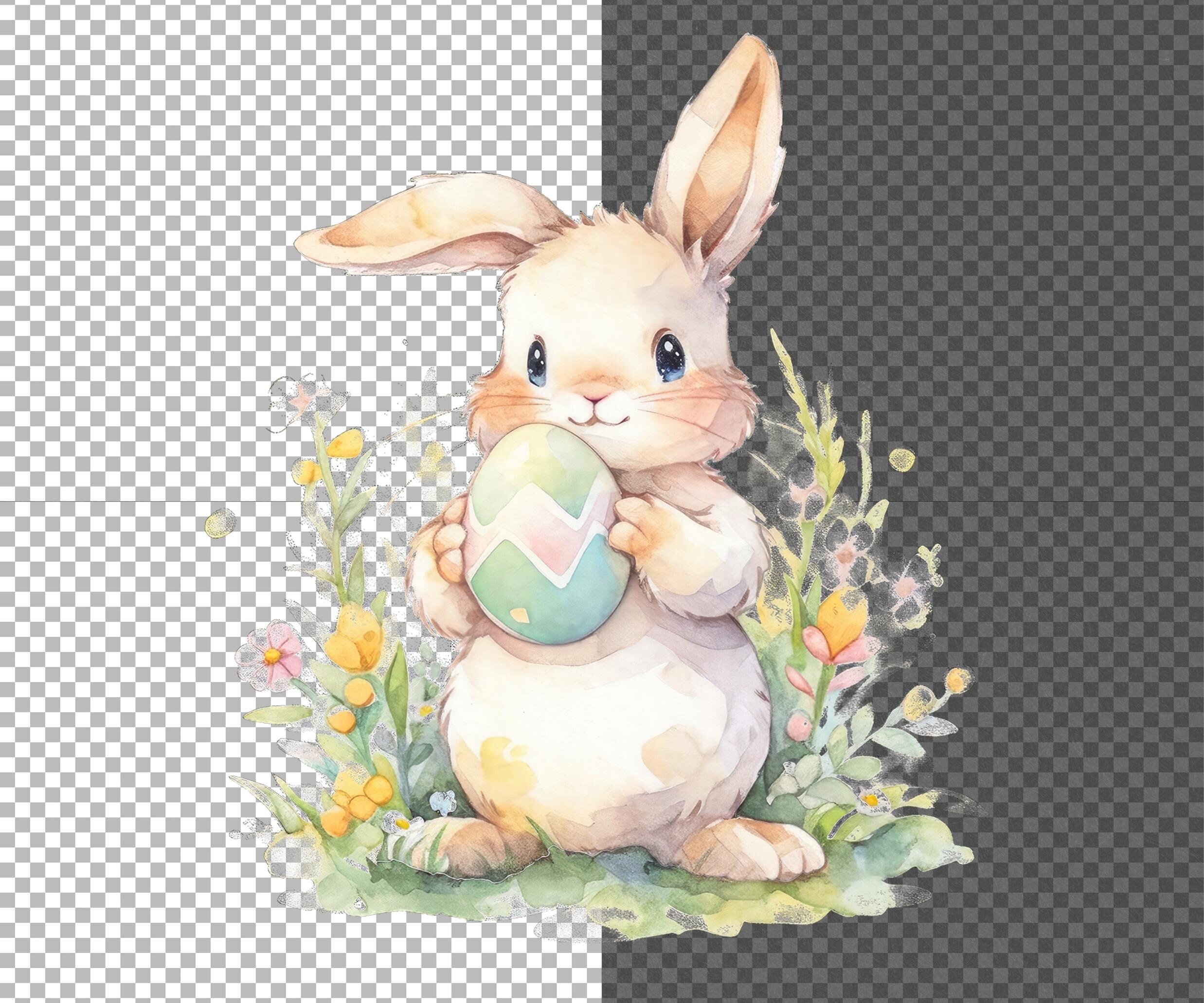 Easter Bunny Clipart Watercolor PNG Cute Rabbit With Flowers and Eggs ...