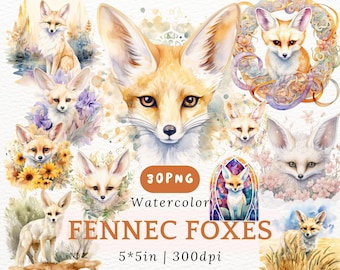 Fennec lunatique renard Clipart Bundle PNG aquarelle bébé renard Images pour décoration de chambre d'enfant et scrapbooking animal en téléchargement numérique