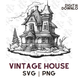 Casa victoriana gigante SVG - Ilustración de estilo retro y espeluznante en diseño dibujado a mano en blanco y negro, ambiente elegante y espeluznante