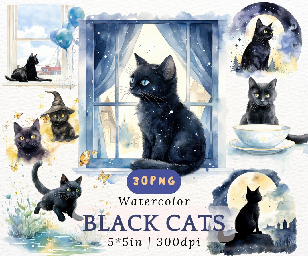 Watercolor Black Cat Clipart Cute Witch Kittens PNG Digital Download ...