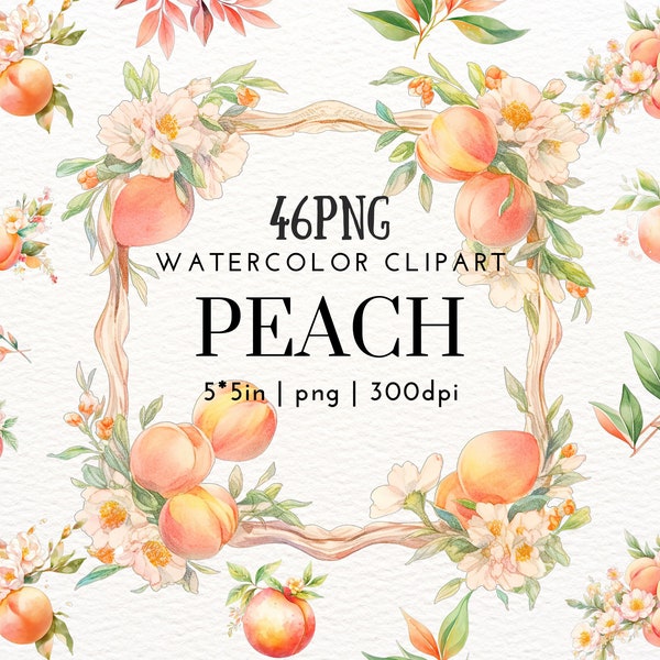 Peach Watercolor Clipart, Decorative Frame, Line, Leaf, Fruit, Divider, Wreath, Border, flower,Design Element,Seamless Background, Scrapbook