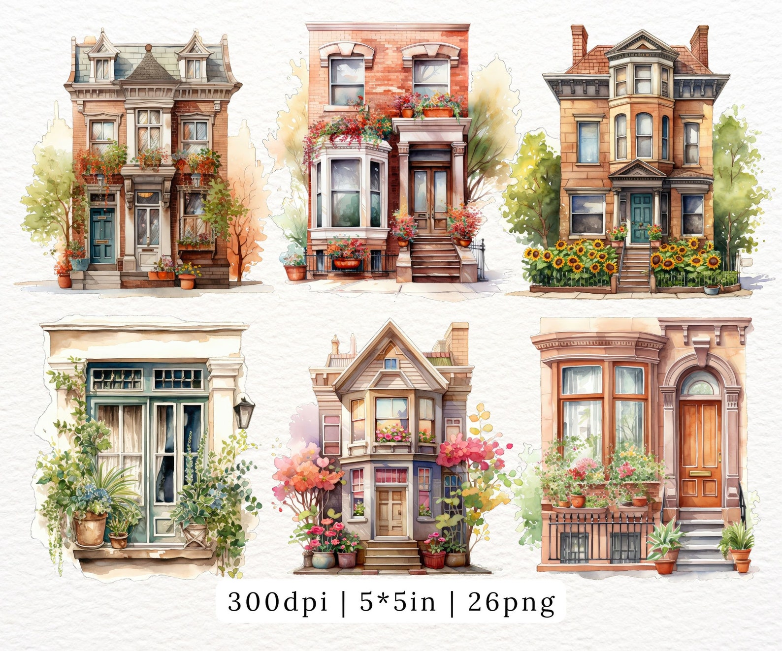 Watercolor Townhouse Clipart, Flowers and Plants, Cute Cozy Classic