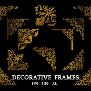 Ornate Frame Corners SVG,Gold Vintage Corner Border Clipart, Elegant Swirl Frame PNG, Decorative Vector Corners for Invitations,Cards,Cricut