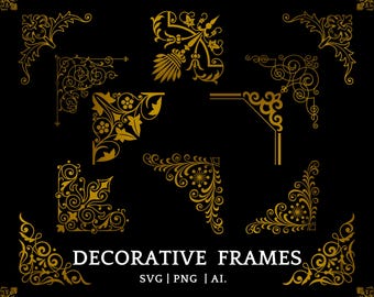 Esquinas de marco ornamentadas SVG, borde de esquina vintage dorado Clipart, marco con espiral elegante PNG, esquinas decorativas vectoriales para invitaciones, tarjetas, Cricut