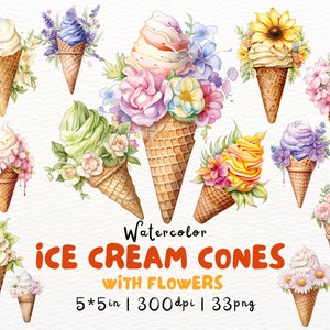 Aquarell Eistüte Clipart, Eiscreme mit Blumen, Pflanzen, Pastellfarben, sommerliche Leckereien, Dessert png, Geburtstagsstrandparty für Kinder