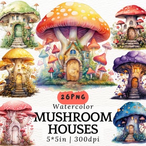 Watercolor Mushroom House PNG Clipart,26 Fantasy Cottage Illustrations for Fairy Tale Decor, Scrapbooking, Sublimation, 300DPI Printable Art