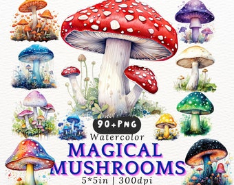 Whimsical Watercolor Mushroom PNG Clipart for Fairytale Crafts Kids Book Art Fantasy Stickers Scrapbooking Digital Download 90+ Elements