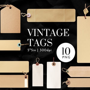 Etiqueta de papel vintage PNG - Etiquetas em branco para impressão com barbante, etiquetas de textura Kraft para diários de lixo, colagem de itens efêmeros, scrapbooking, PNG 5 x 5 pol.